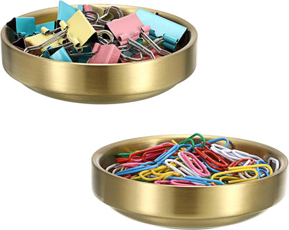Flat Golden Paper Clip Holder, Stackable Desk Organizer Metal Storage Bowl for Small Office Supplies Paper Clips & Tiny Parts, Cute Round Jewelry Storage for Office Bathroom Vanity