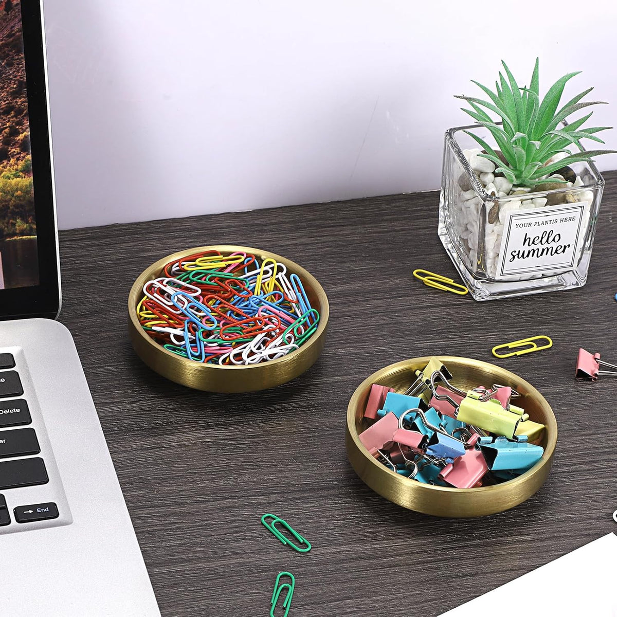 Flat Golden Paper Clip Holder, Stackable Desk Organizer Metal Storage Bowl for Small Office Supplies Paper Clips & Tiny Parts, Cute Round Jewelry Storage for Office Bathroom Vanity