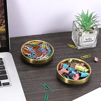 Flat Golden Paper Clip Holder, Stackable Desk Organizer Metal Storage Bowl for Small Office Supplies Paper Clips & Tiny Parts, Cute Round Jewelry Storage for Office Bathroom Vanity