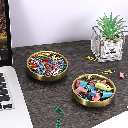 Flat Golden Paper Clip Holder, Stackable Desk Organizer Metal Storage Bowl for Small Office Supplies Paper Clips & Tiny Parts, Cute Round Jewelry Storage for Office Bathroom Vanity