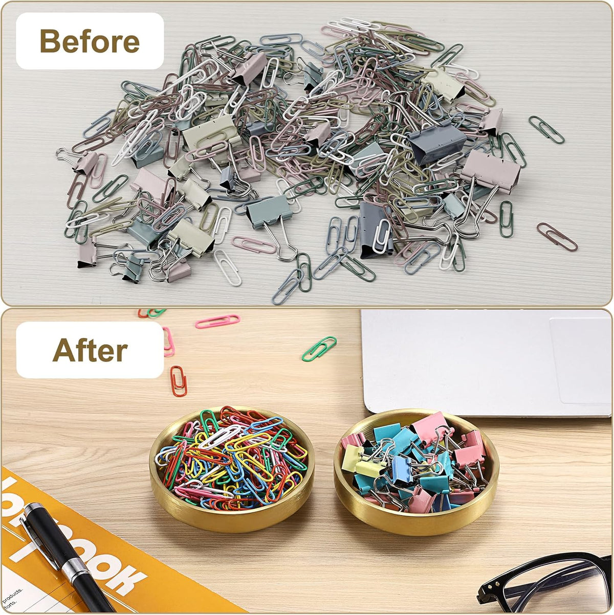 Flat Golden Paper Clip Holder, Stackable Desk Organizer Metal Storage Bowl for Small Office Supplies Paper Clips & Tiny Parts, Cute Round Jewelry Storage for Office Bathroom Vanity