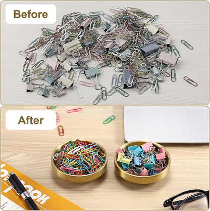 Flat Golden Paper Clip Holder, Stackable Desk Organizer Metal Storage Bowl for Small Office Supplies Paper Clips & Tiny Parts, Cute Round Jewelry Storage for Office Bathroom Vanity