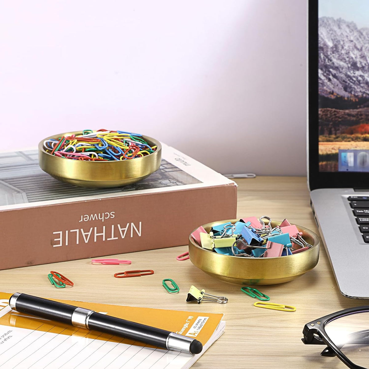 Flat Golden Paper Clip Holder, Stackable Desk Organizer Metal Storage Bowl for Small Office Supplies Paper Clips & Tiny Parts, Cute Round Jewelry Storage for Office Bathroom Vanity