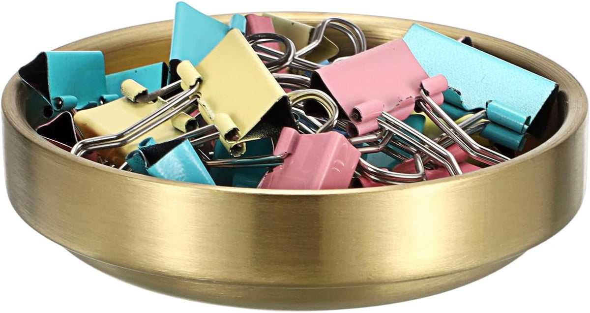 Flat Golden Paper Clip Holder, Stackable Desk Organizer Metal Storage Bowl for Small Office Supplies Paper Clips & Tiny Parts, Cute Round Jewelry Storage for Office Bathroom Vanity