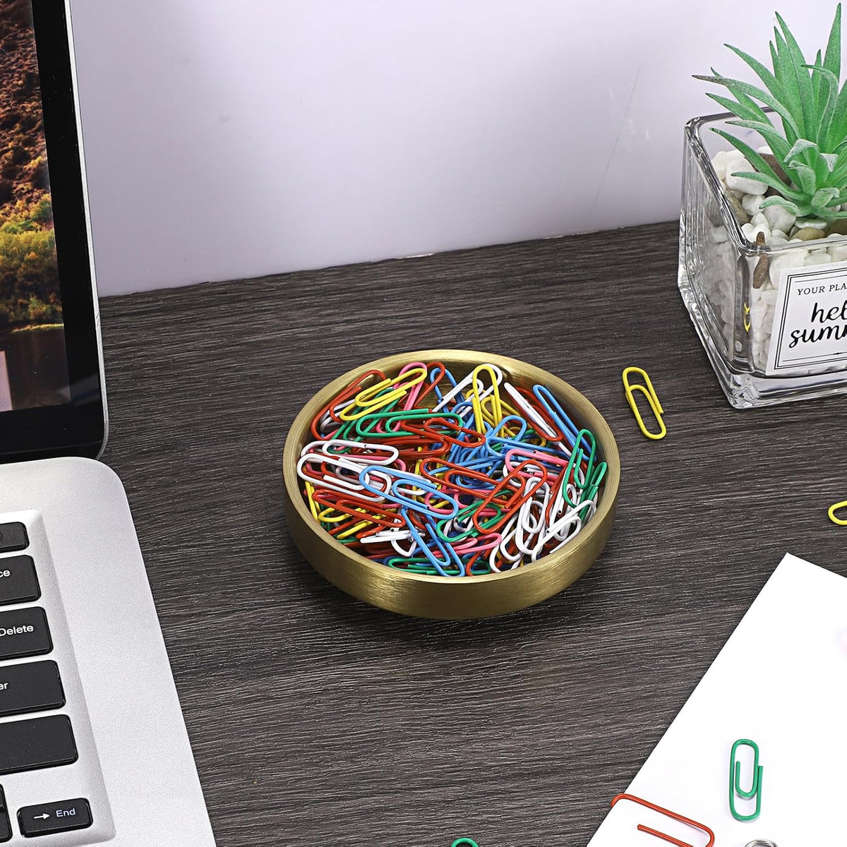 Flat Golden Paper Clip Holder, Stackable Desk Organizer Metal Storage Bowl for Small Office Supplies Paper Clips & Tiny Parts, Cute Round Jewelry Storage for Office Bathroom Vanity