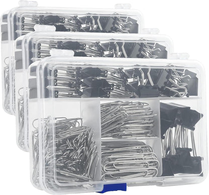 Assorted Size Binder Clips & Jumbo Paper Clips Set - 340pcs Black, Large for Office & School Supplies, in Container with Compartments
