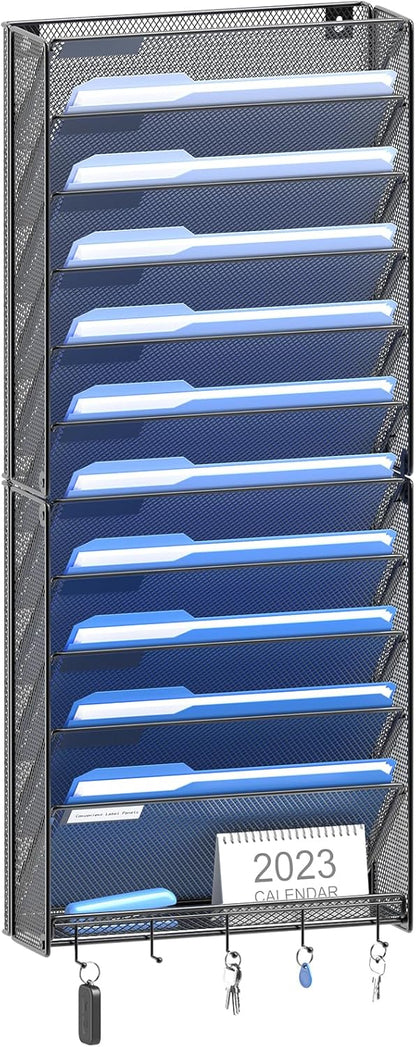 Hanging Wall File Organizer with Hooks, 12 Tier Vertical Wall Mount File Holder, File Folder Wall Organizer for Office