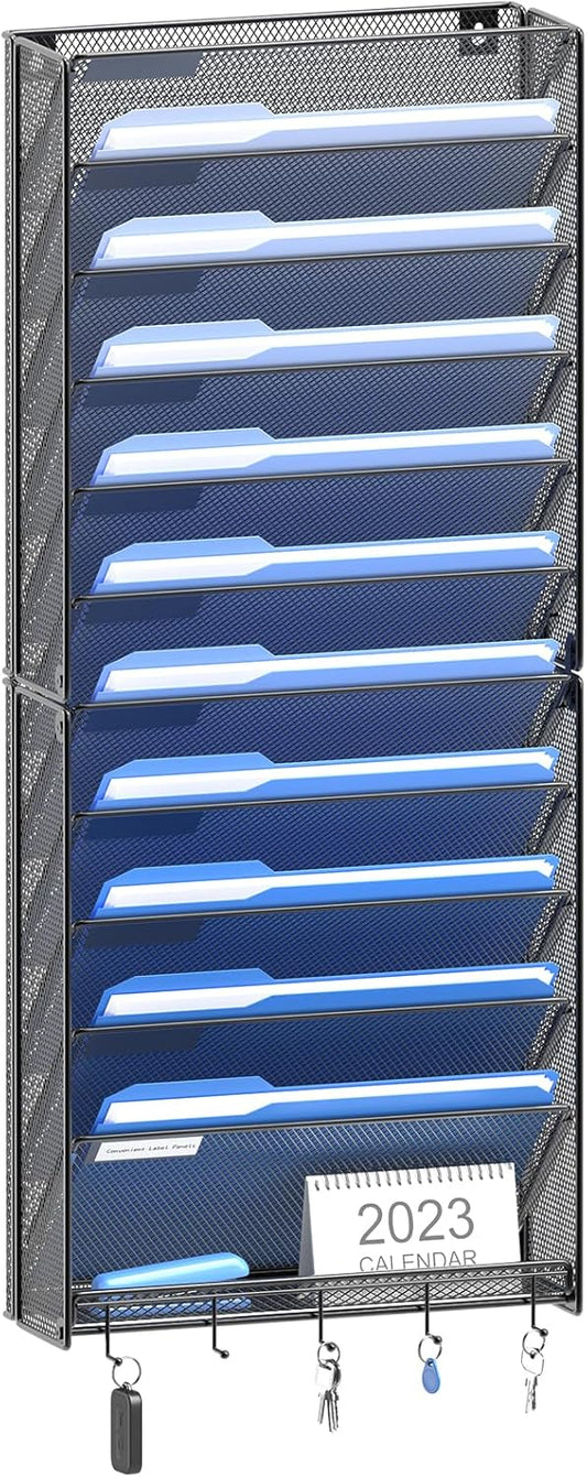 Hanging Wall File Organizer with Hooks, 12 Tier Vertical Wall Mount File Holder, File Folder Wall Organizer for Office