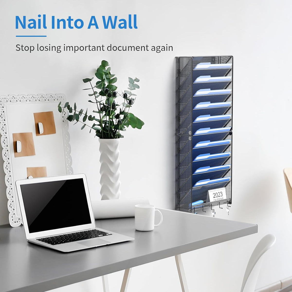 Hanging Wall File Organizer with Hooks, 12 Tier Vertical Wall Mount File Holder, File Folder Wall Organizer for Office