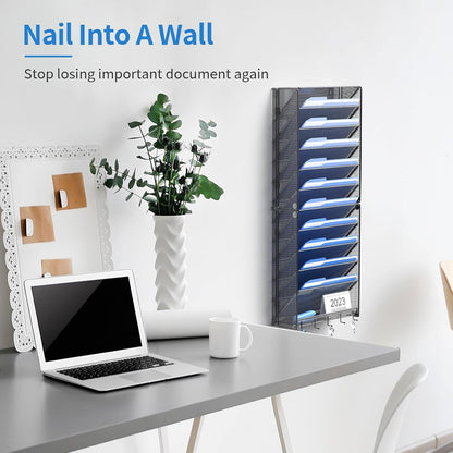 Hanging Wall File Organizer with Hooks, 12 Tier Vertical Wall Mount File Holder, File Folder Wall Organizer for Office