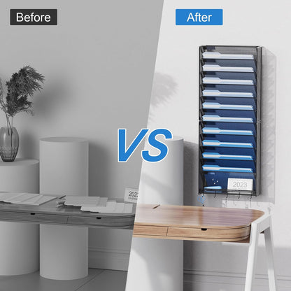 Hanging Wall File Organizer with Hooks, 12 Tier Vertical Wall Mount File Holder, File Folder Wall Organizer for Office