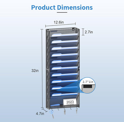 Hanging Wall File Organizer with Hooks, 12 Tier Vertical Wall Mount File Holder, File Folder Wall Organizer for Office