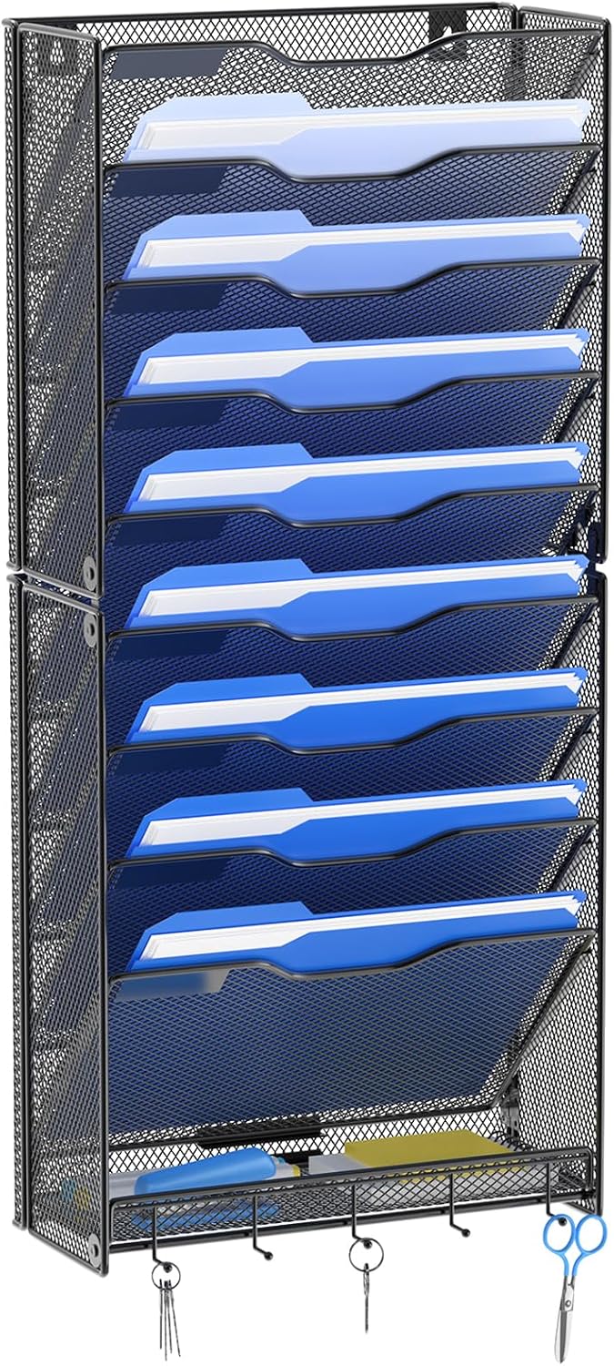 Hanging Wall File Organizer with Hooks, 12 Tier Vertical Wall Mount File Holder, File Folder Wall Organizer for Office