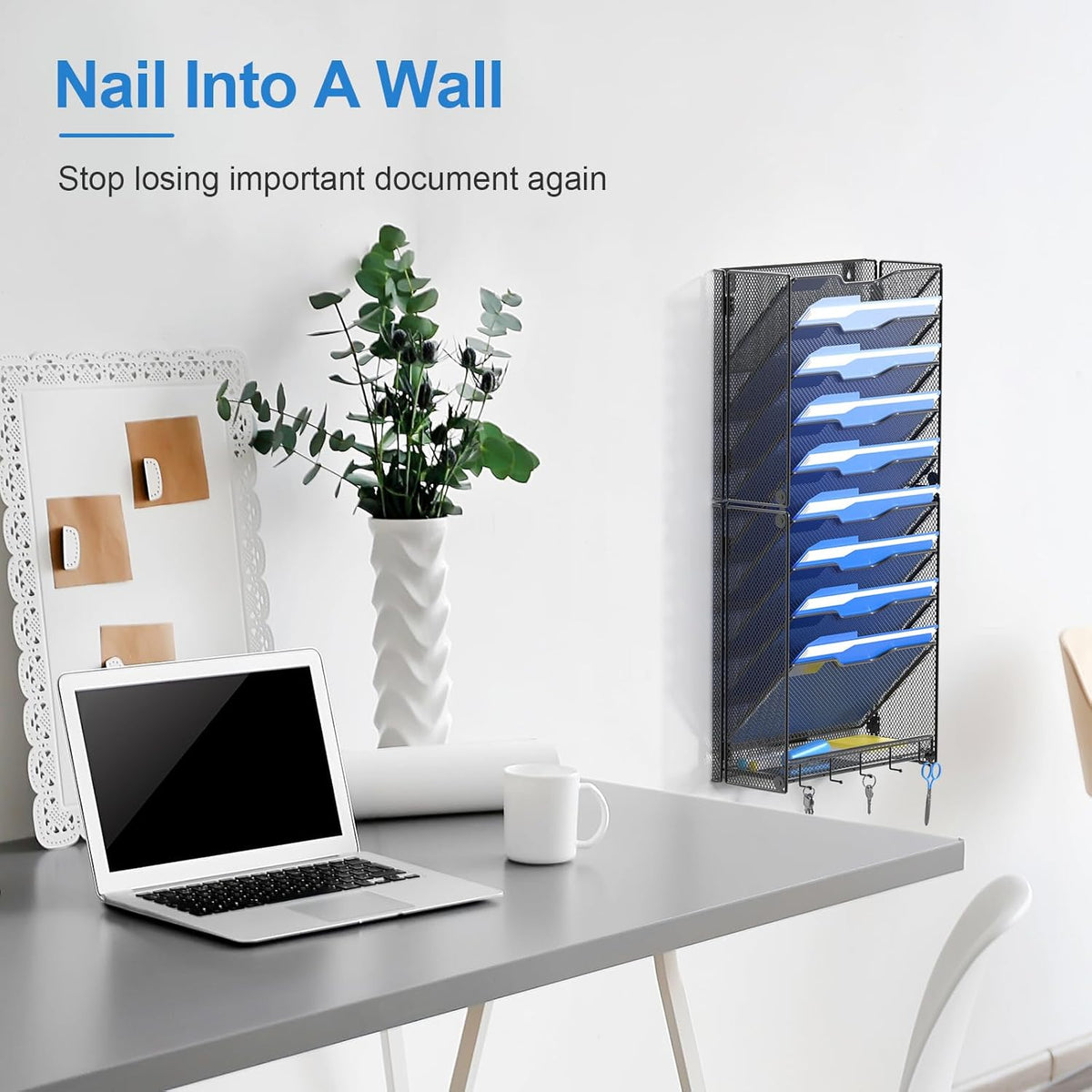 Hanging Wall File Organizer with Hooks, 12 Tier Vertical Wall Mount File Holder, File Folder Wall Organizer for Office