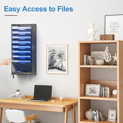 Hanging Wall File Organizer with Hooks, 12 Tier Vertical Wall Mount File Holder, File Folder Wall Organizer for Office