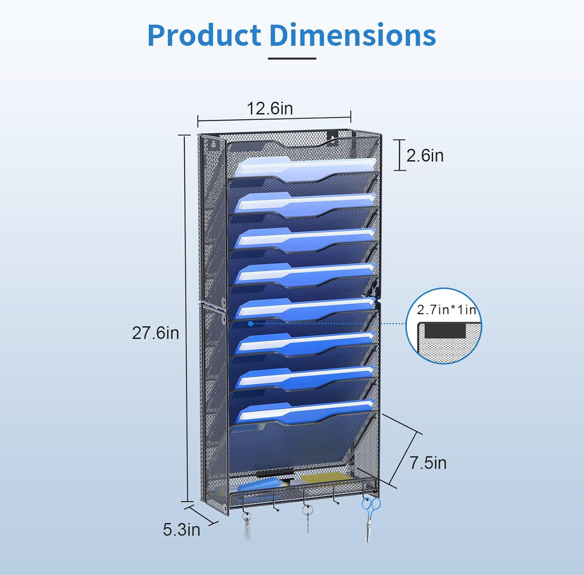 Hanging Wall File Organizer with Hooks, 12 Tier Vertical Wall Mount File Holder, File Folder Wall Organizer for Office
