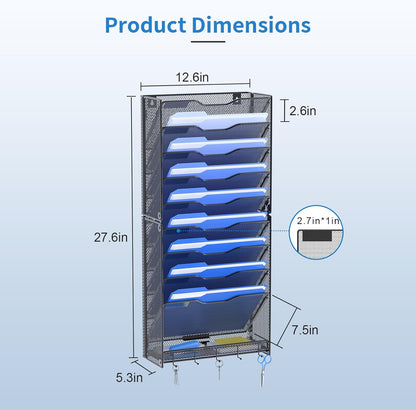 Hanging Wall File Organizer with Hooks, 12 Tier Vertical Wall Mount File Holder, File Folder Wall Organizer for Office