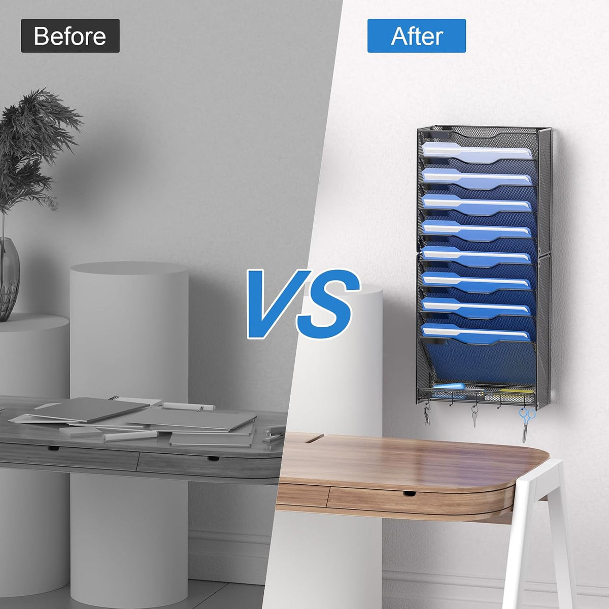 Hanging Wall File Organizer with Hooks, 12 Tier Vertical Wall Mount File Holder, File Folder Wall Organizer for Office