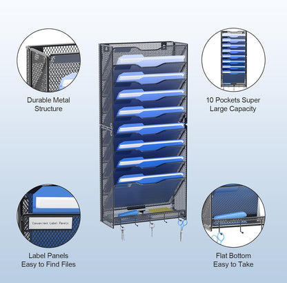 Hanging Wall File Organizer with Hooks, 12 Tier Vertical Wall Mount File Holder, File Folder Wall Organizer for Office