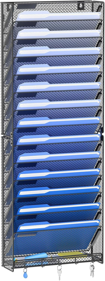 Hanging Wall File Organizer with Hooks, 12 Tier Vertical Wall Mount File Holder, File Folder Wall Organizer for Office