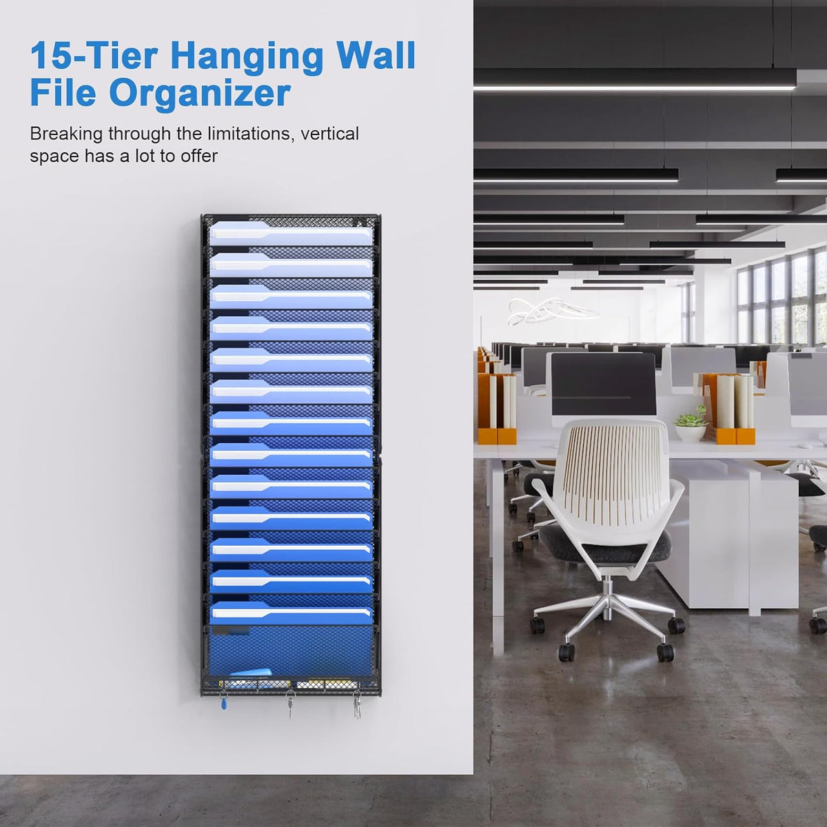 Hanging Wall File Organizer with Hooks, 12 Tier Vertical Wall Mount File Holder, File Folder Wall Organizer for Office