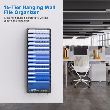 Hanging Wall File Organizer with Hooks, 12 Tier Vertical Wall Mount File Holder, File Folder Wall Organizer for Office