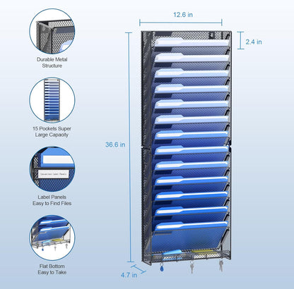 Hanging Wall File Organizer with Hooks, 12 Tier Vertical Wall Mount File Holder, File Folder Wall Organizer for Office