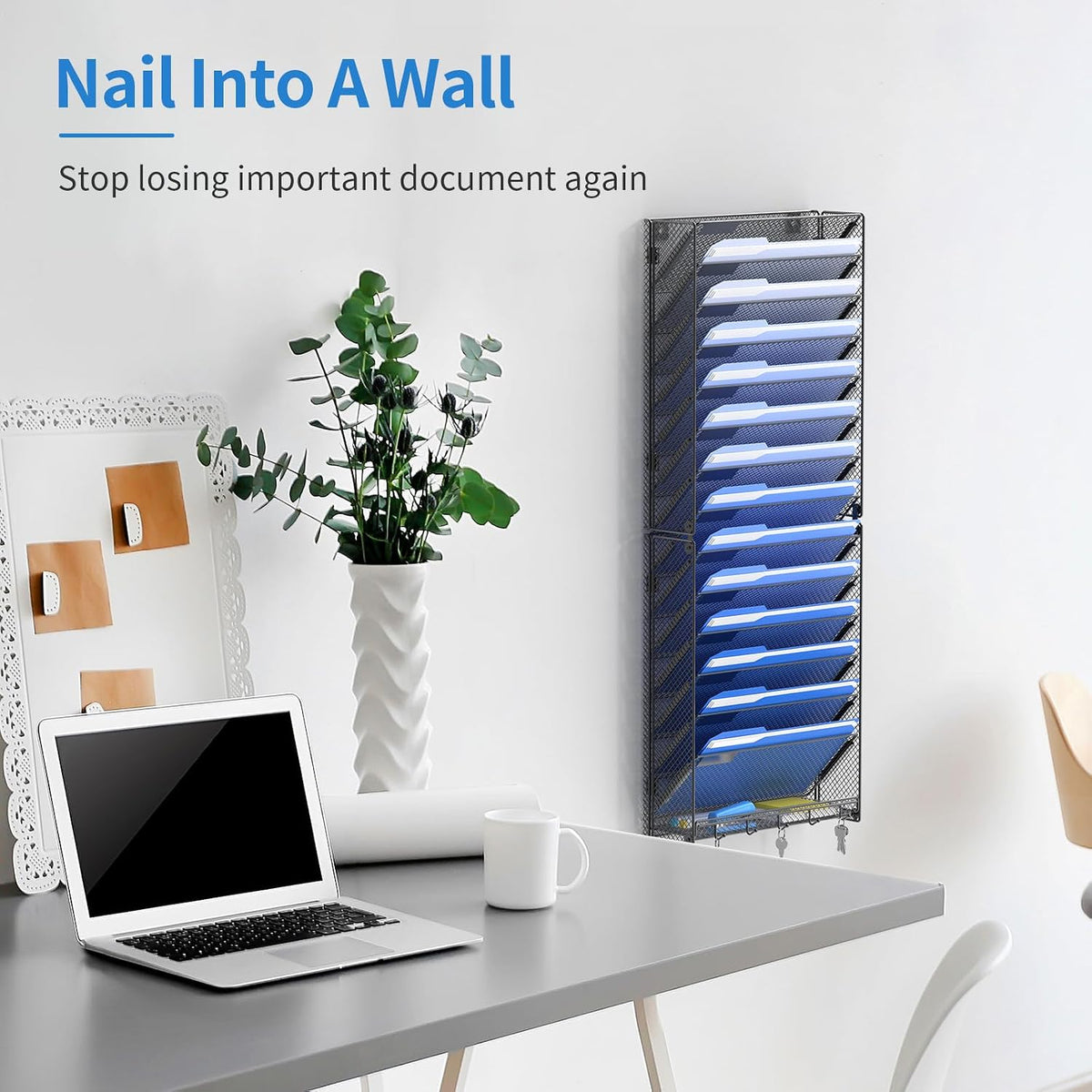 Hanging Wall File Organizer with Hooks, 12 Tier Vertical Wall Mount File Holder, File Folder Wall Organizer for Office