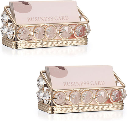 2 Packs Crystal Business Card Holder with Gold Metal for Office Desk