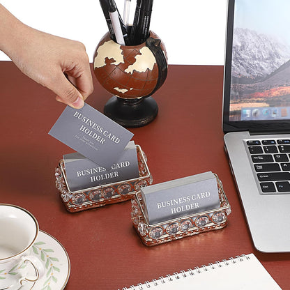 2 Packs Crystal Business Card Holder with Gold Metal for Office Desk