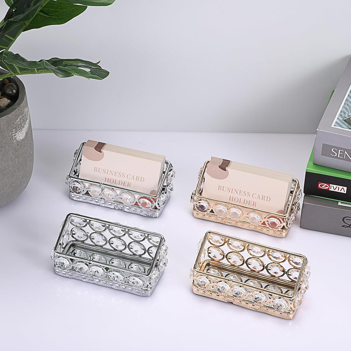 2 Packs Crystal Business Card Holder with Gold Metal for Office Desk
