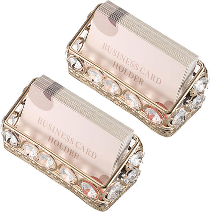 2 Packs Crystal Business Card Holder with Gold Metal for Office Desk