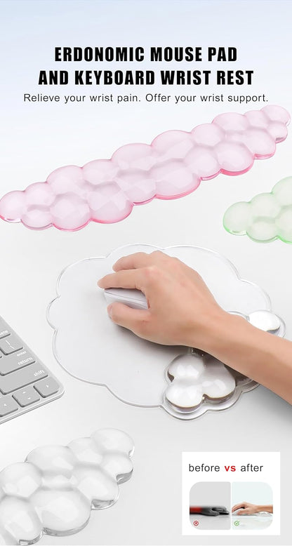 Mouse Pad with Wrist Rest, Soft Cloud Gel Keyboard Mouse Pad Set with Hand Wrist Support, Cute Non Slip Office Desk Accessories for Comfort/Pain Relief/Computer/Laptop (Pink Cloud)