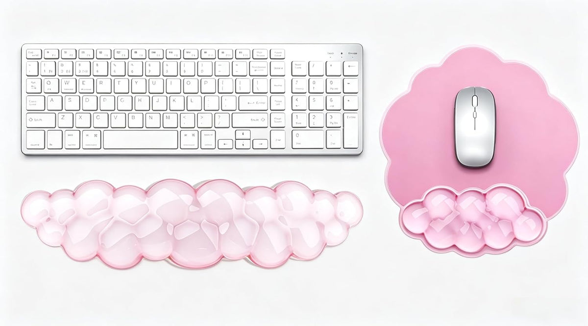 Mouse Pad with Wrist Rest, Soft Cloud Gel Keyboard Mouse Pad Set with Hand Wrist Support, Cute Non Slip Office Desk Accessories for Comfort/Pain Relief/Computer/Laptop (Pink Cloud)