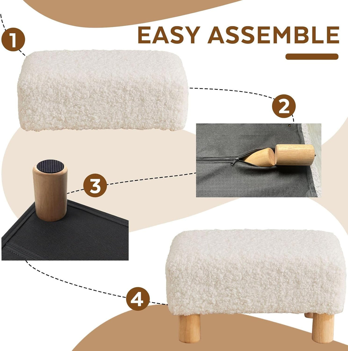 Small Foot Stool Ottoman, Sherpa Footstool Ottoman Foot Rest for Couch, Rectangle Footstools and Ottomans Small for Living Room, Entryway and Bedroom (White)