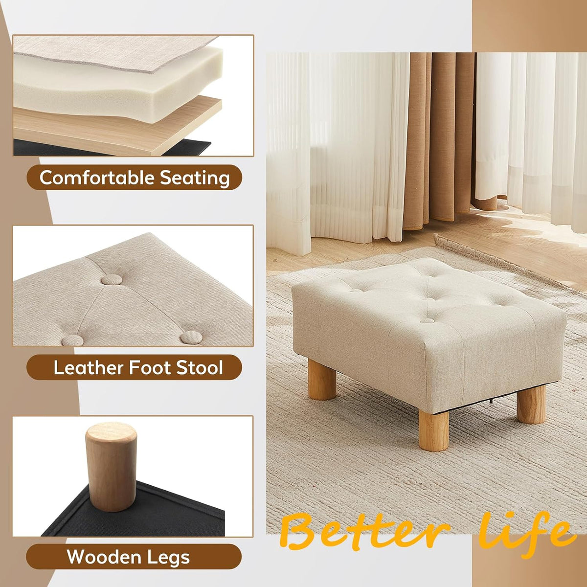 Small Foot Stool Ottoman, Sherpa Footstool Ottoman Foot Rest for Couch, Rectangle Footstools and Ottomans Small for Living Room, Entryway and Bedroom (White)