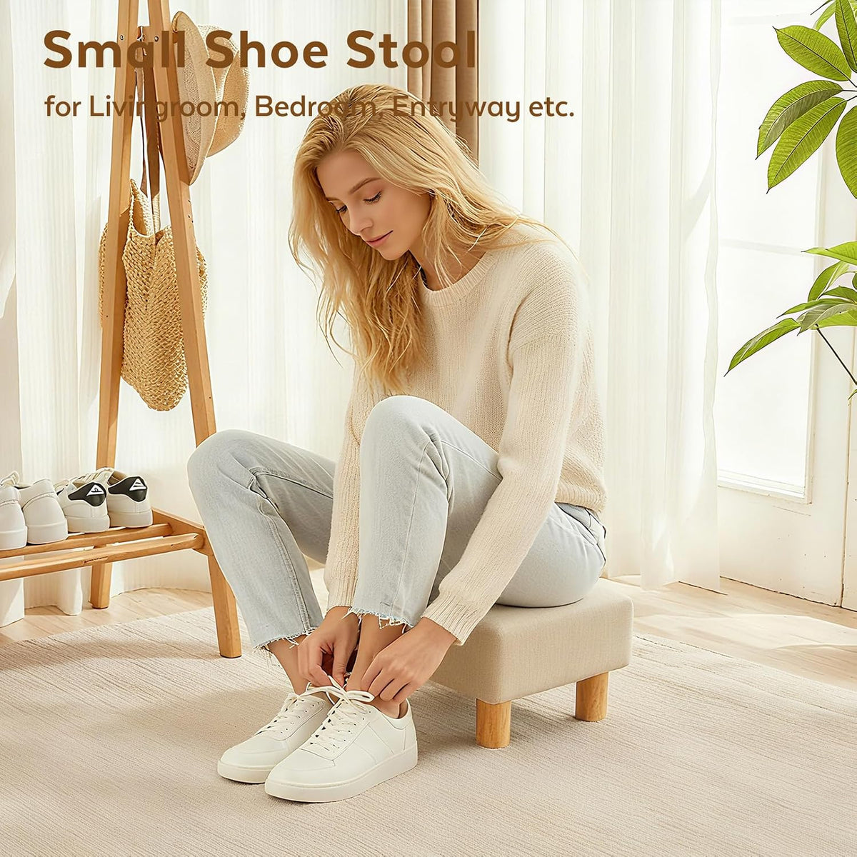 Small Foot Stool Ottoman, Sherpa Footstool Ottoman Foot Rest for Couch, Rectangle Footstools and Ottomans Small for Living Room, Entryway and Bedroom (White)