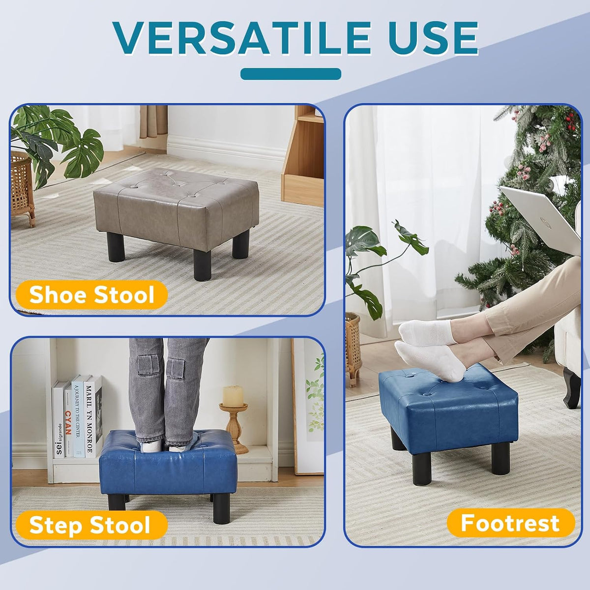 Small Foot Stool Ottoman, Sherpa Footstool Ottoman Foot Rest for Couch, Rectangle Footstools and Ottomans Small for Living Room, Entryway and Bedroom (White)