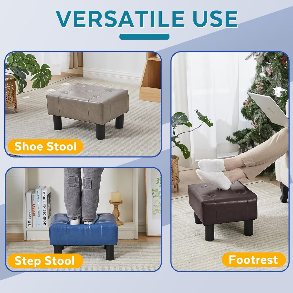 Small Foot Stool Ottoman, Sherpa Footstool Ottoman Foot Rest for Couch, Rectangle Footstools and Ottomans Small for Living Room, Entryway and Bedroom (White)