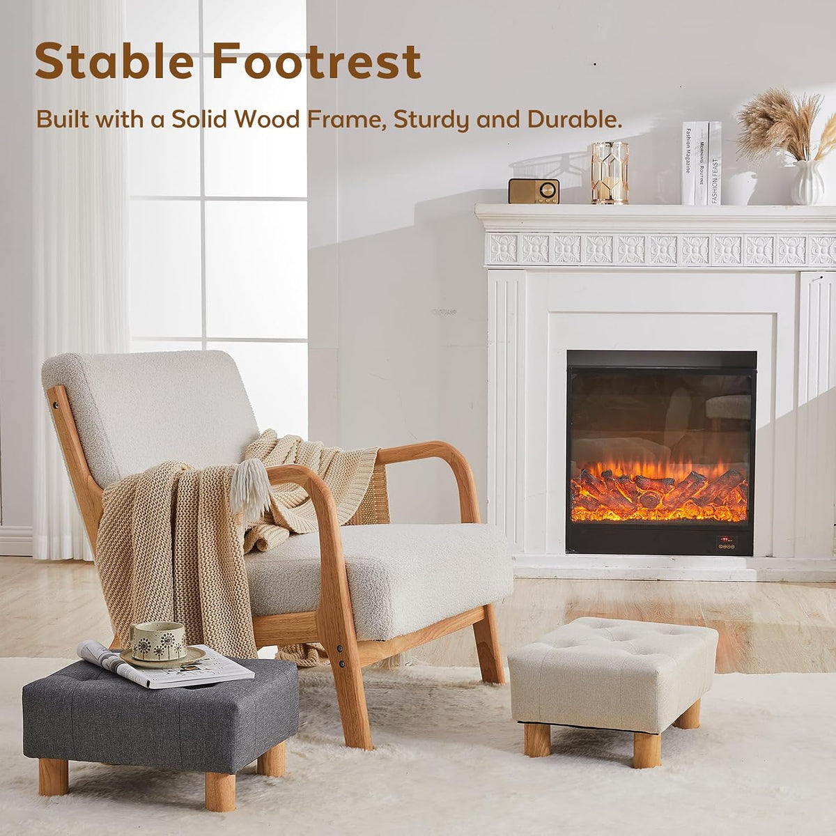 Small Foot Stool Ottoman, Sherpa Footstool Ottoman Foot Rest for Couch, Rectangle Footstools and Ottomans Small for Living Room, Entryway and Bedroom (White)