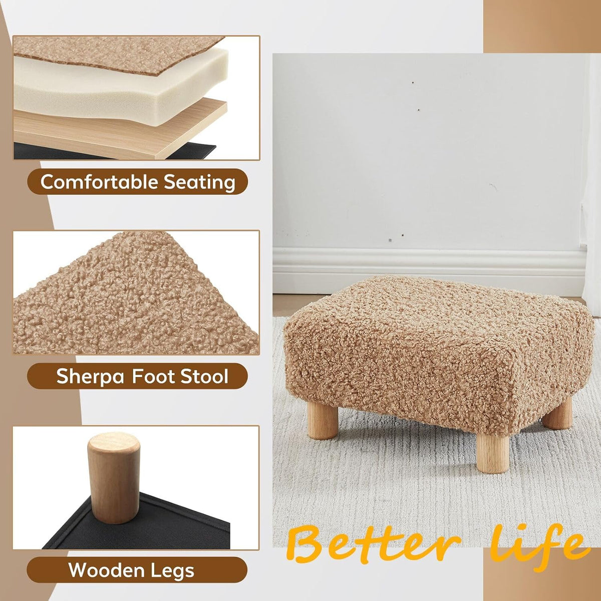 Small Foot Stool Ottoman, Sherpa Footstool Ottoman Foot Rest for Couch, Rectangle Footstools and Ottomans Small for Living Room, Entryway and Bedroom (White)