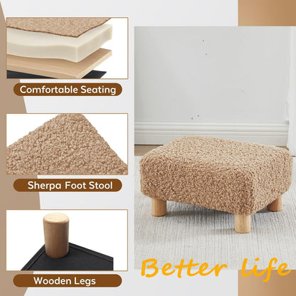 Small Foot Stool Ottoman, Sherpa Footstool Ottoman Foot Rest for Couch, Rectangle Footstools and Ottomans Small for Living Room, Entryway and Bedroom (White)