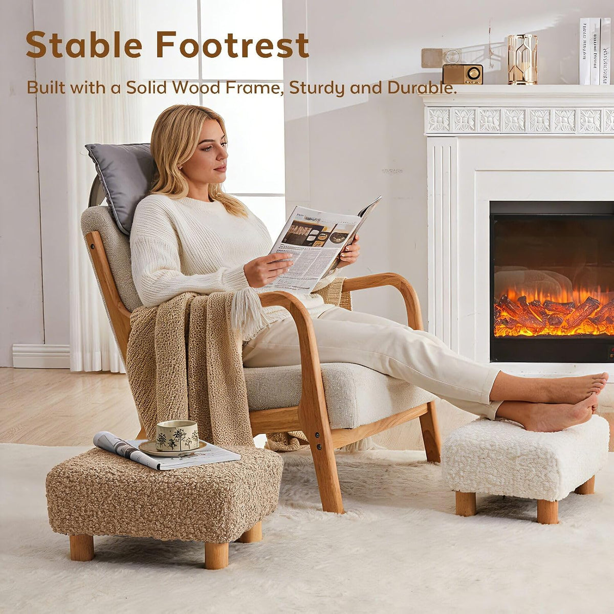 Small Foot Stool Ottoman, Sherpa Footstool Ottoman Foot Rest for Couch, Rectangle Footstools and Ottomans Small for Living Room, Entryway and Bedroom (White)
