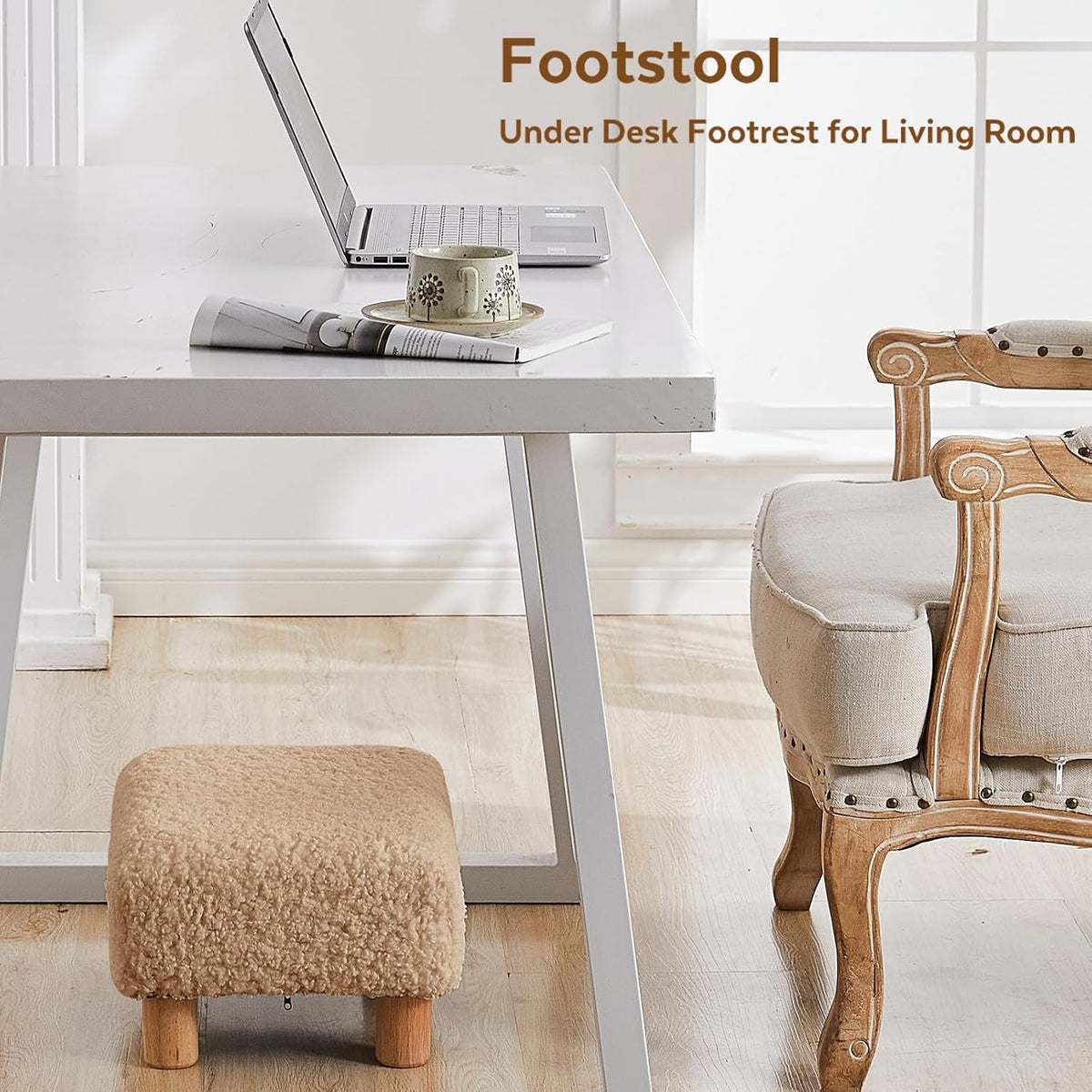 Small Foot Stool Ottoman, Sherpa Footstool Ottoman Foot Rest for Couch, Rectangle Footstools and Ottomans Small for Living Room, Entryway and Bedroom (White)