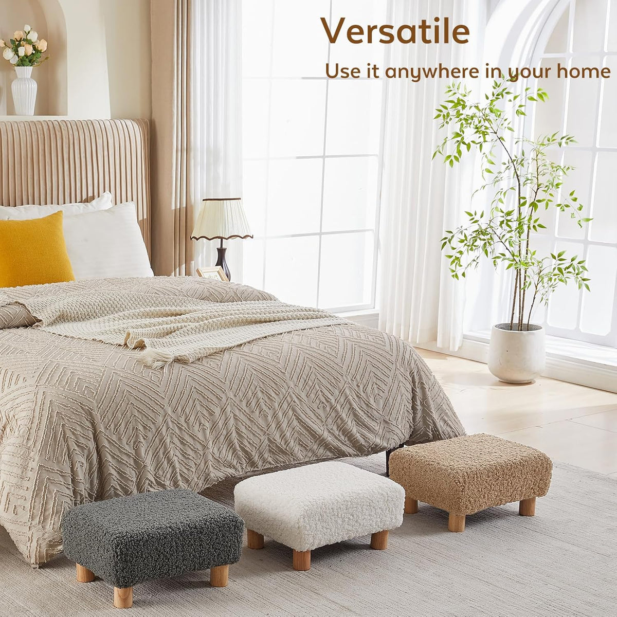Small Foot Stool Ottoman, Sherpa Footstool Ottoman Foot Rest for Couch, Rectangle Footstools and Ottomans Small for Living Room, Entryway and Bedroom (White)