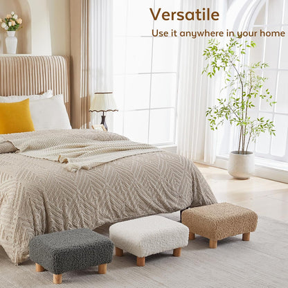Small Foot Stool Ottoman, Sherpa Footstool Ottoman Foot Rest for Couch, Rectangle Footstools and Ottomans Small for Living Room, Entryway and Bedroom (White)