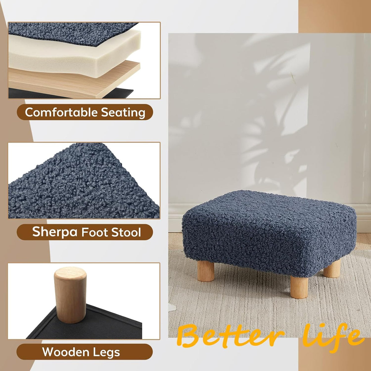 Small Foot Stool Ottoman, Sherpa Footstool Ottoman Foot Rest for Couch, Rectangle Footstools and Ottomans Small for Living Room, Entryway and Bedroom (White)