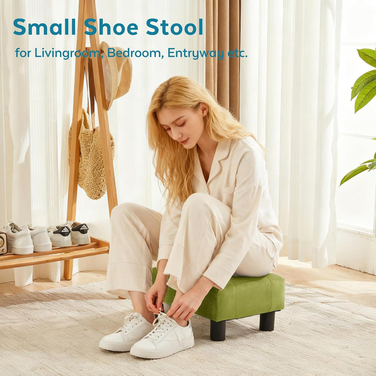 Small Foot Stool Ottoman, Sherpa Footstool Ottoman Foot Rest for Couch, Rectangle Footstools and Ottomans Small for Living Room, Entryway and Bedroom (White)