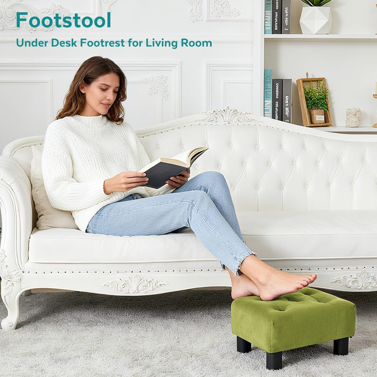 Small Foot Stool Ottoman, Sherpa Footstool Ottoman Foot Rest for Couch, Rectangle Footstools and Ottomans Small for Living Room, Entryway and Bedroom (White)