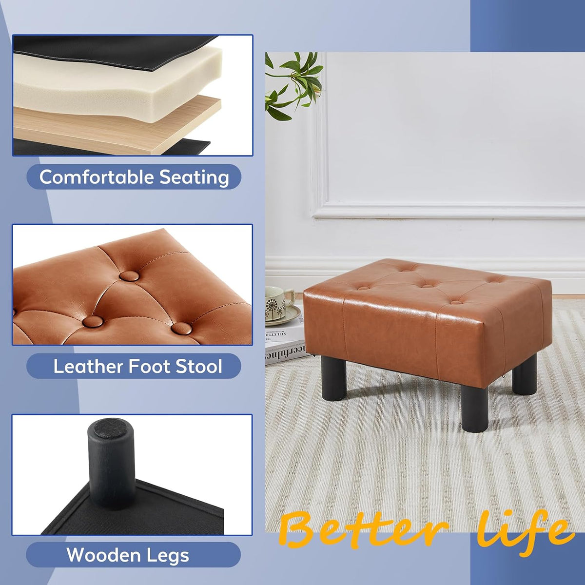 Small Foot Stool Ottoman, Sherpa Footstool Ottoman Foot Rest for Couch, Rectangle Footstools and Ottomans Small for Living Room, Entryway and Bedroom (White)